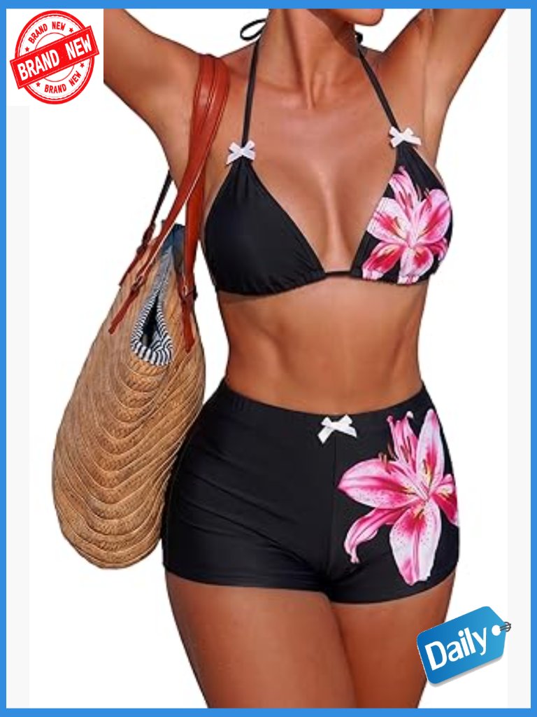 Gingham Bikini Shorts Set Halter Y2k Boyshort Two Piece Bathing Suit